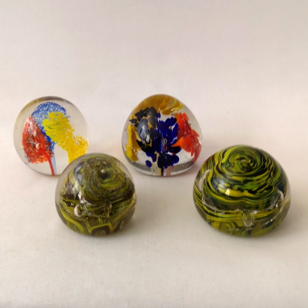 Collection of Four Glass Art Paperweights, Various Colourful Designs, Flowers